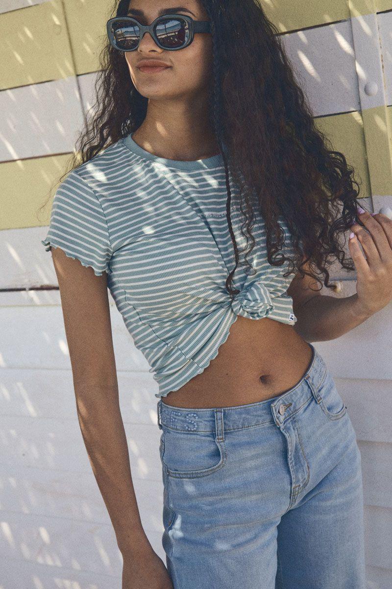 le temps des cerises T-shirt Driadigi à rayures vert d'eau