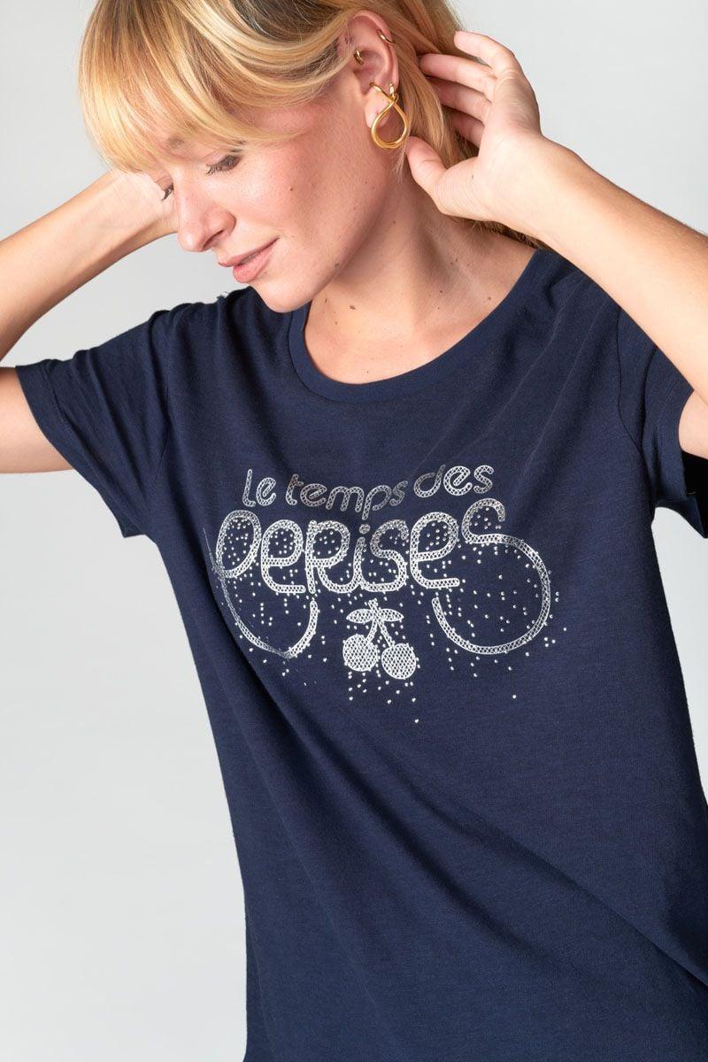 le temps des cerises T-shirt Marty bleu nuit imprimé