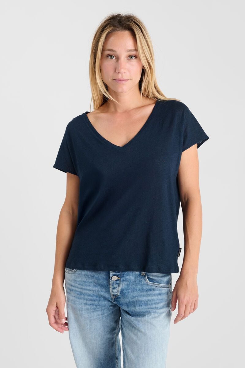 le temps des cerises T-shirt Melinda bleu marine en lin mélangé