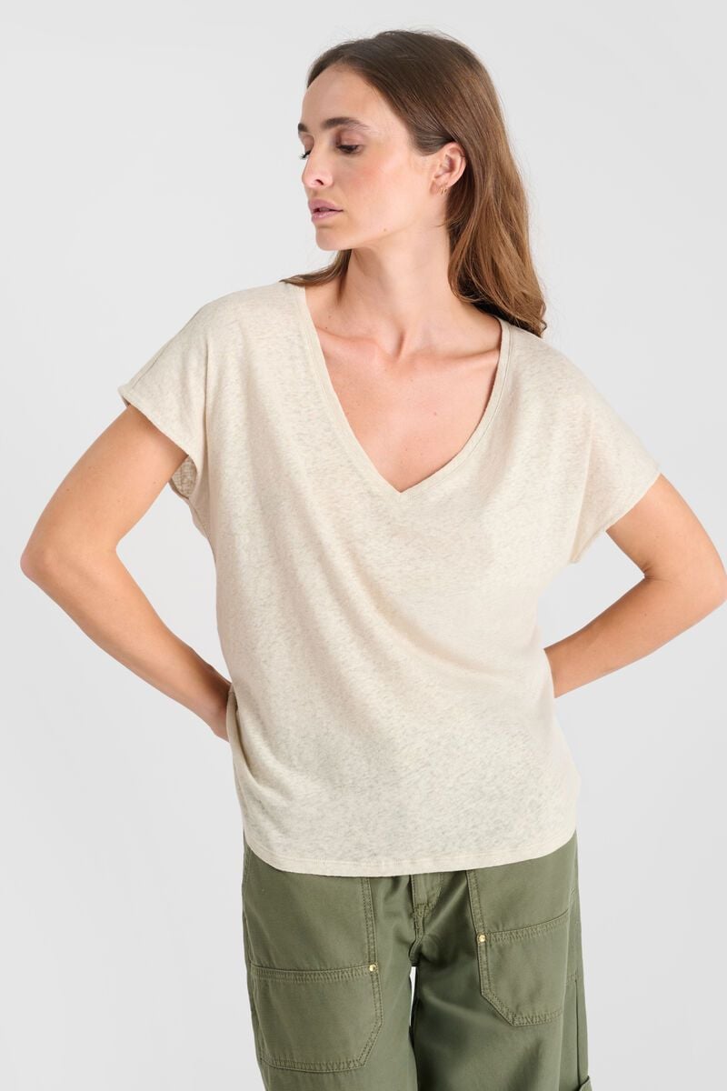 le temps des cerises T-shirt Melinda crème en lin mélangé