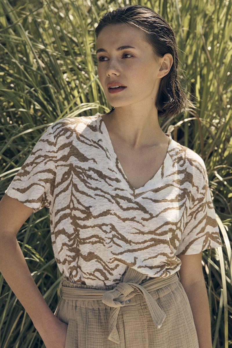 le temps des cerises T-shirt Scabieu en lin à motif zébré