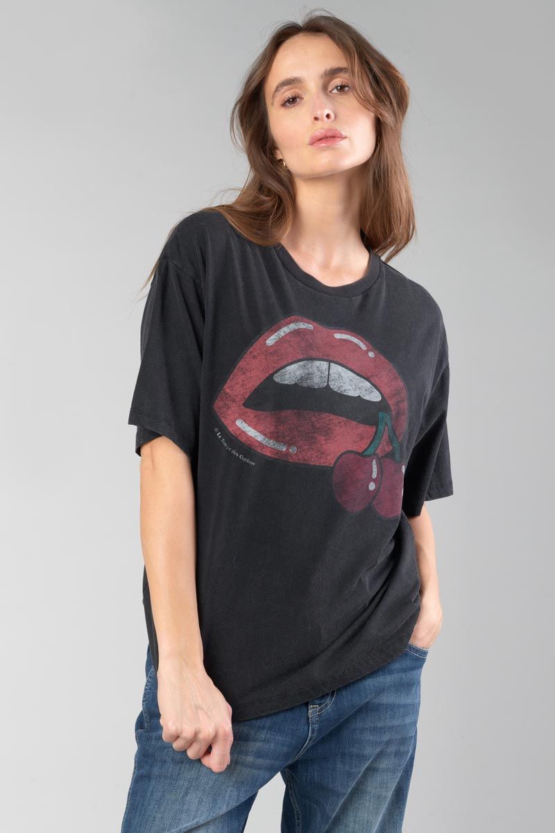 le temps des cerises T-shirt Tamita noir délavé imprimé
