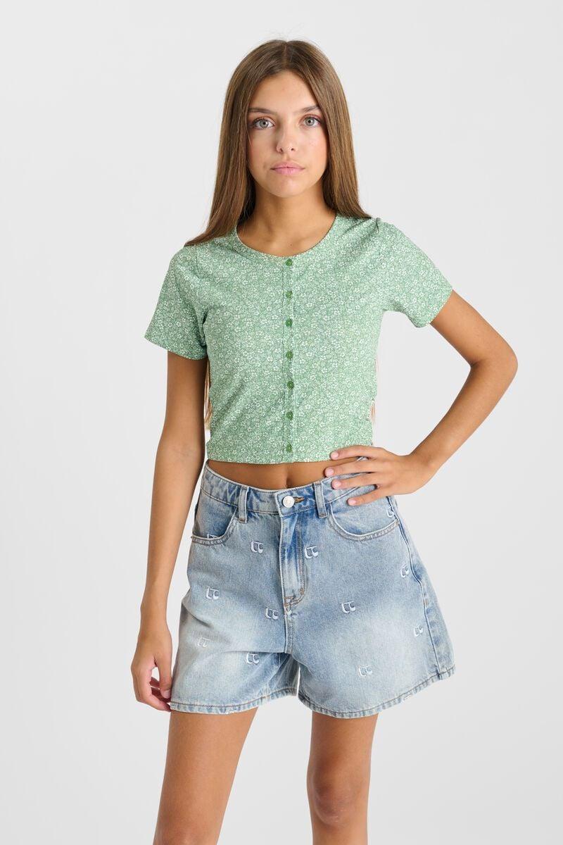 le temps des cerises Top Cerbegi vert à motif fleuri