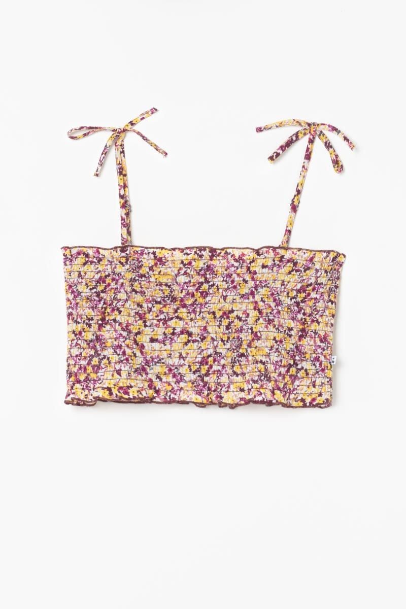 Le Temps Des Cerises Top Court Janisgi à Motif Floral Rose Et Jaune