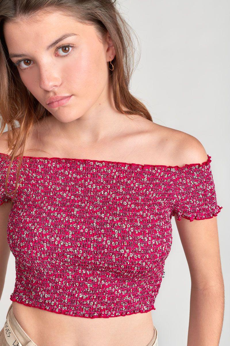 Le Temps Des Cerises Top Court Kaleagi à Motif Floral Rose Et Blanc