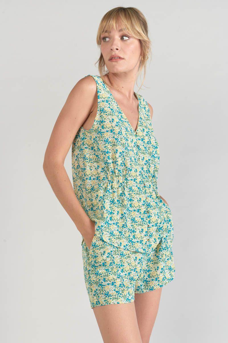 Le Temps Des Cerises Top Craig à Motif Fleuri Vert Et Bleu