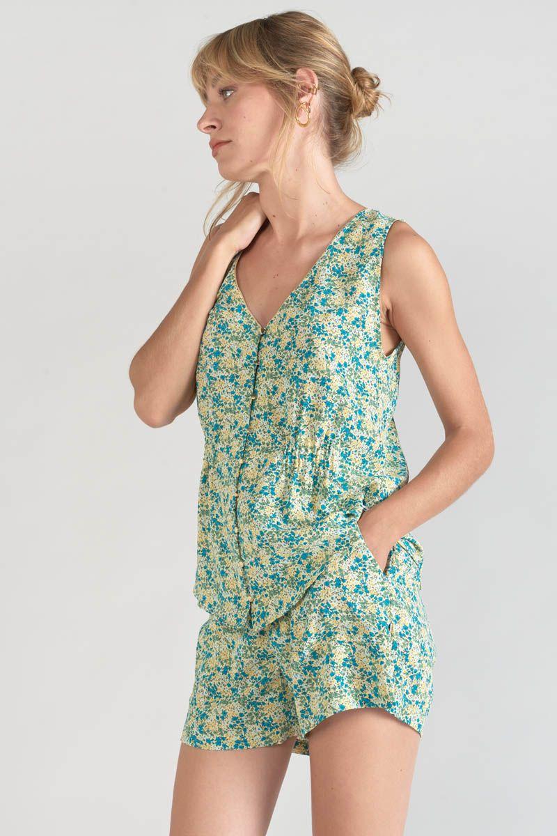 le temps des cerises Top Craig à motif fleuri vert et bleu