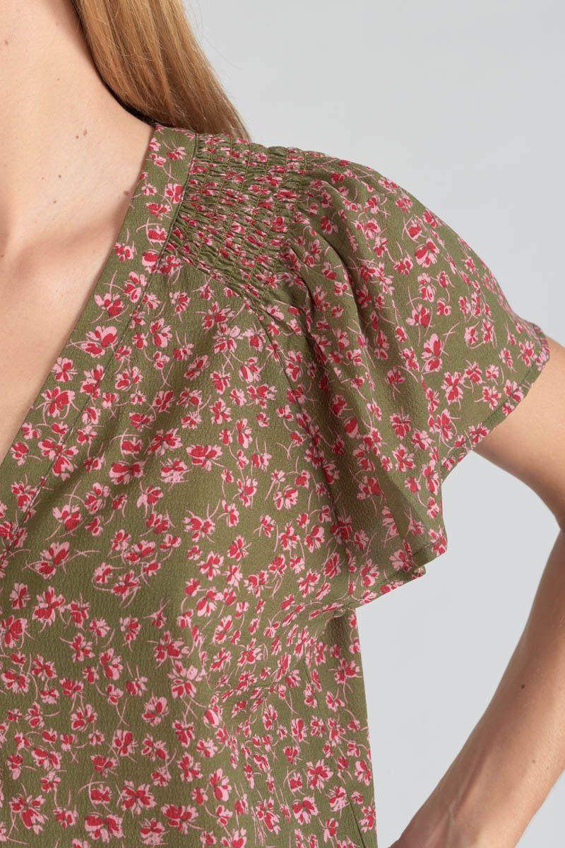 Le Temps Des Cerises Top Norine Kaki à Motif Fleuri