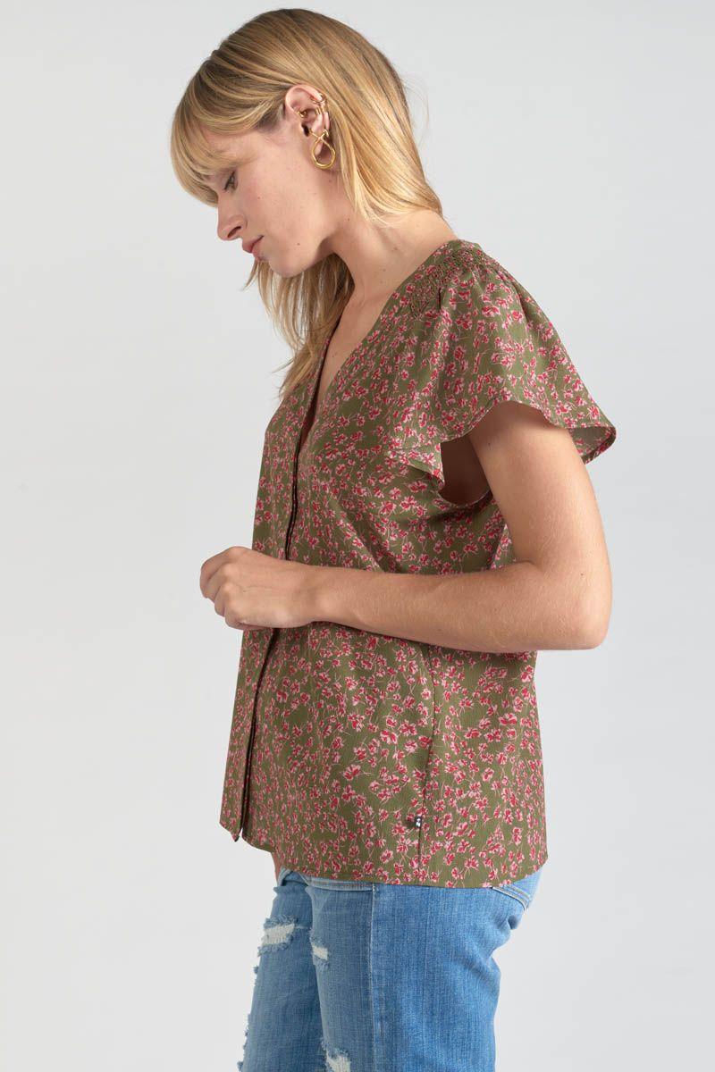 le temps des cerises Top Norine kaki à motif fleuri
