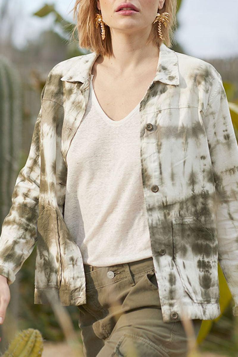 le temps des cerises Veste Aurora en jeans tie and dye kaki
