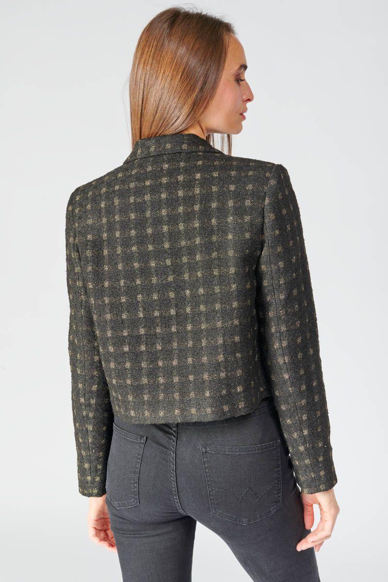 Le Temps Des Cerises Veste Blazer Courte Cat Noire à Carreaux Dorés
