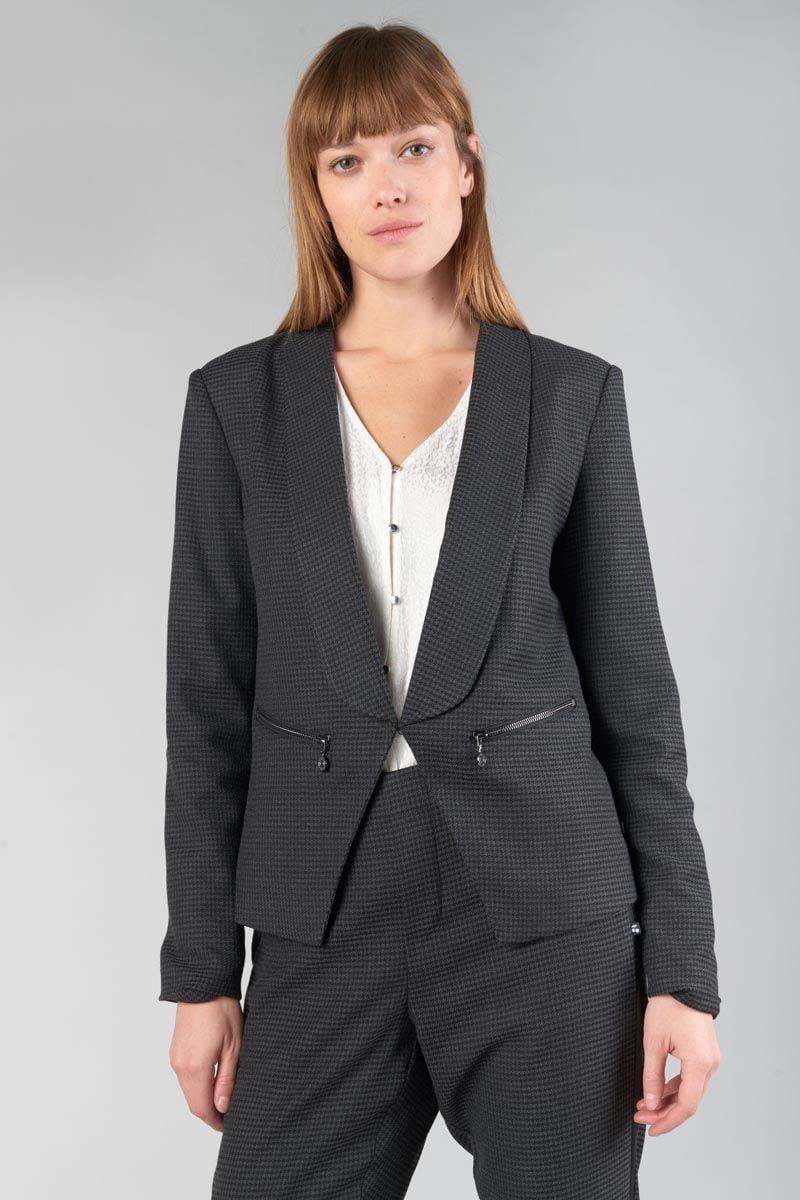 le temps des cerises Veste blazer Helmie gris à motif pied de poule