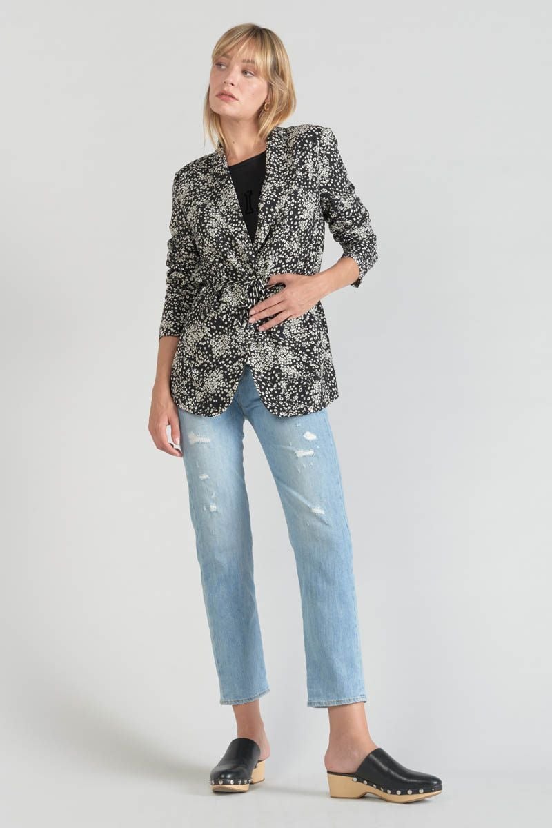 le temps des cerises Veste blazer Urielle à motif fleuri noir et blanc