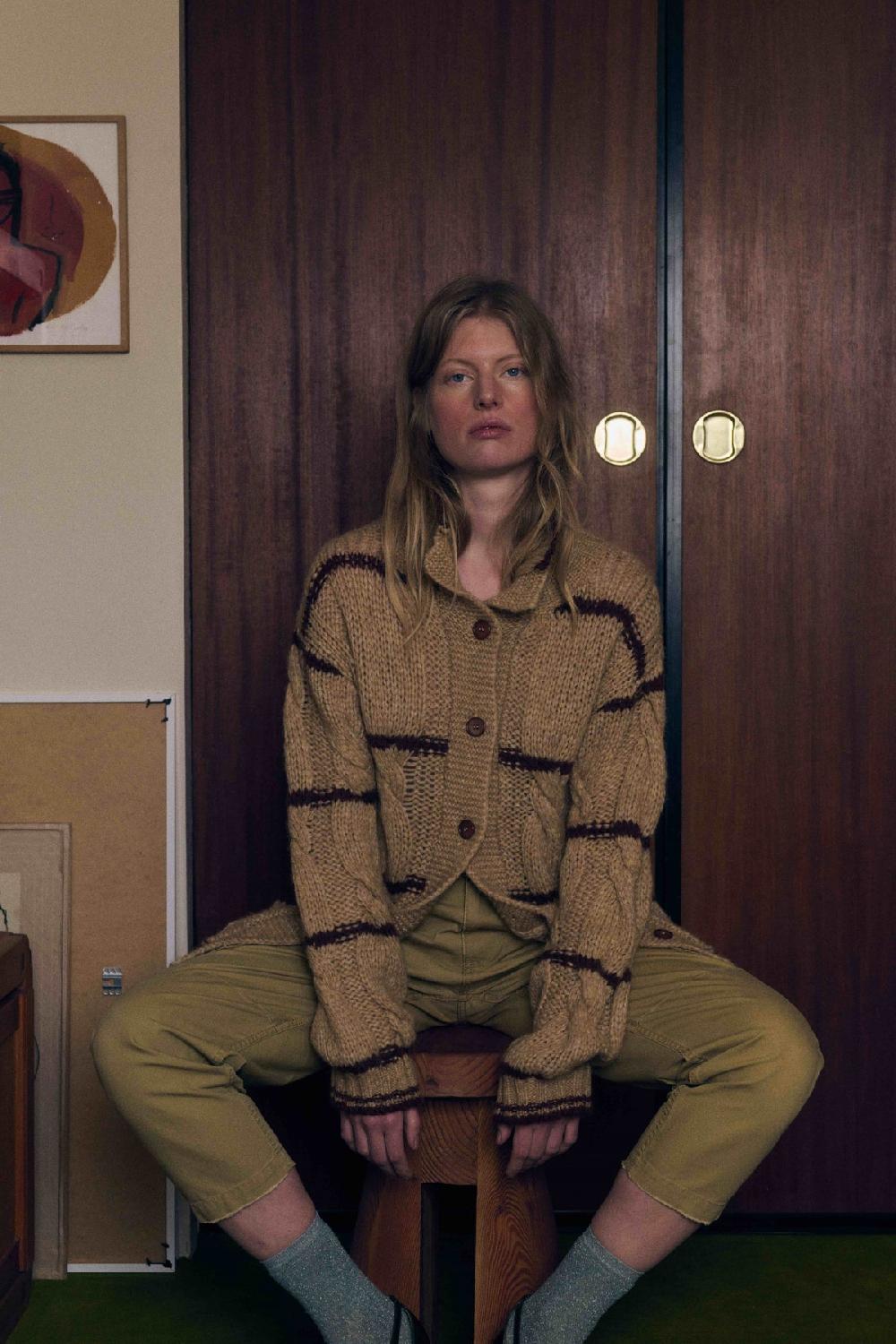 leon & harper Cardigan Mucho Stripe Ecru