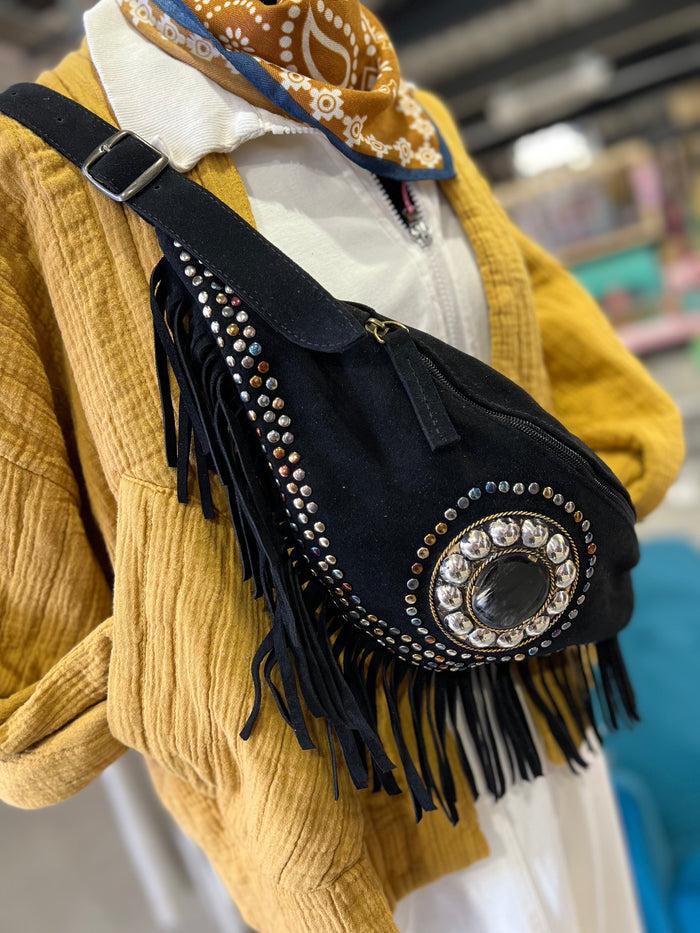 les bohémiennes Banane à franges Flower Market Noir