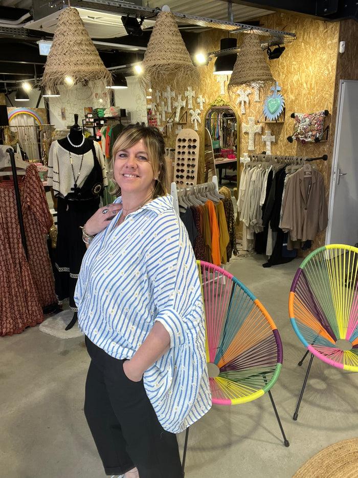 les bohémiennes Blouse oversize coton Grazia rayures bleues