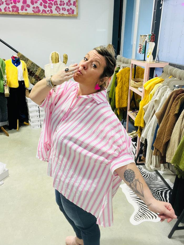 les bohémiennes Chemise oversize Make me Dance Rayée rose