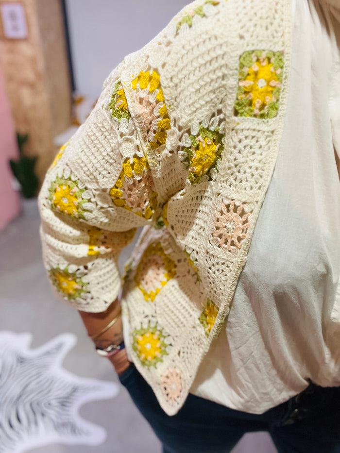 Les Bohémiennes Gilet Crochet Manches Longues Jaune