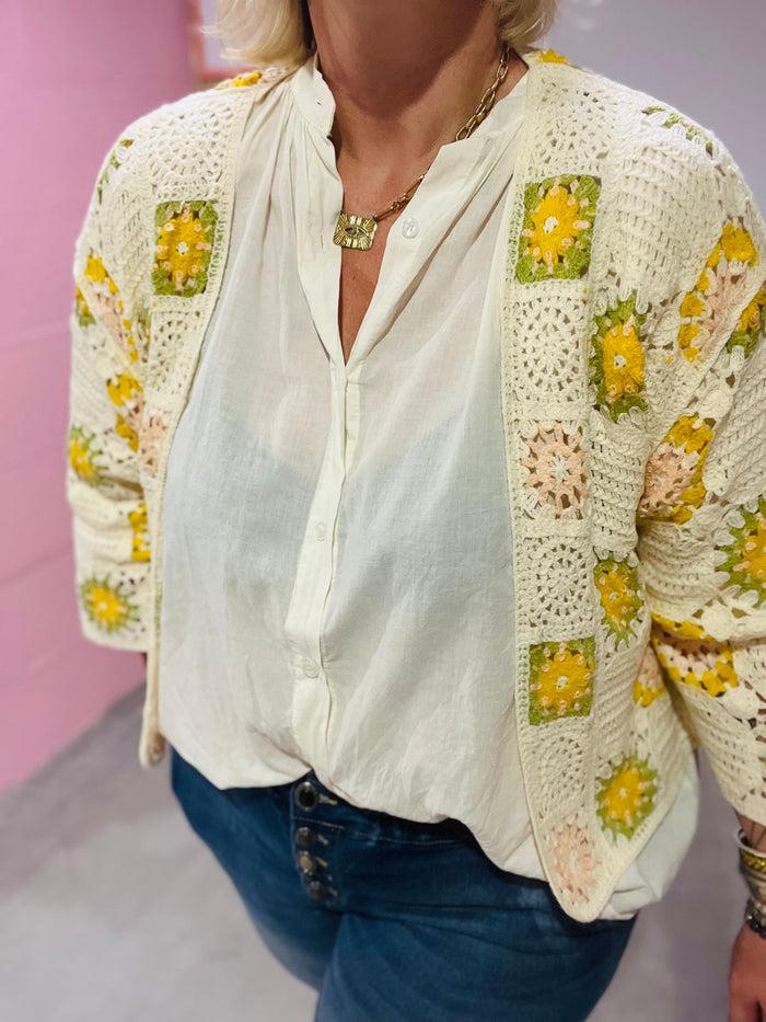 les bohémiennes Gilet crochet manches longues Jaune