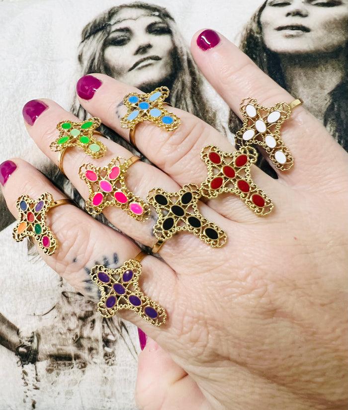 Les Bohémiennes Bague Croix Emaillée 8 Couleurs