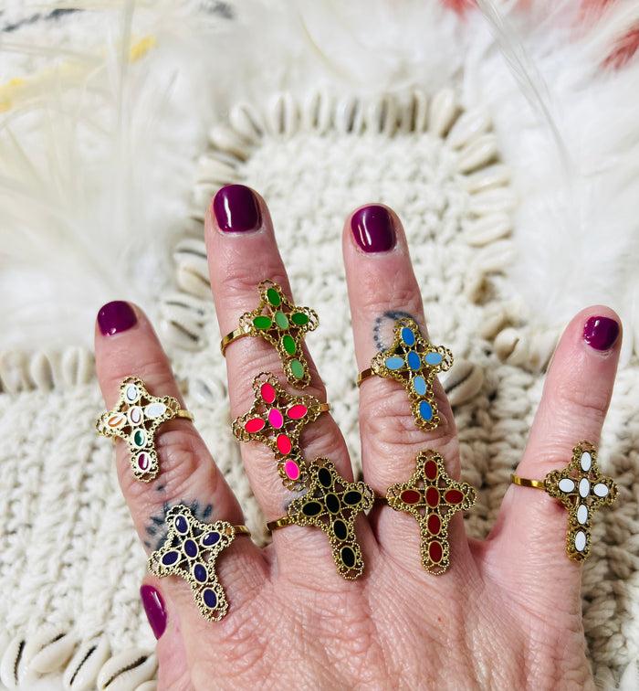 les bohémiennes Bague croix emaillée 8 couleurs