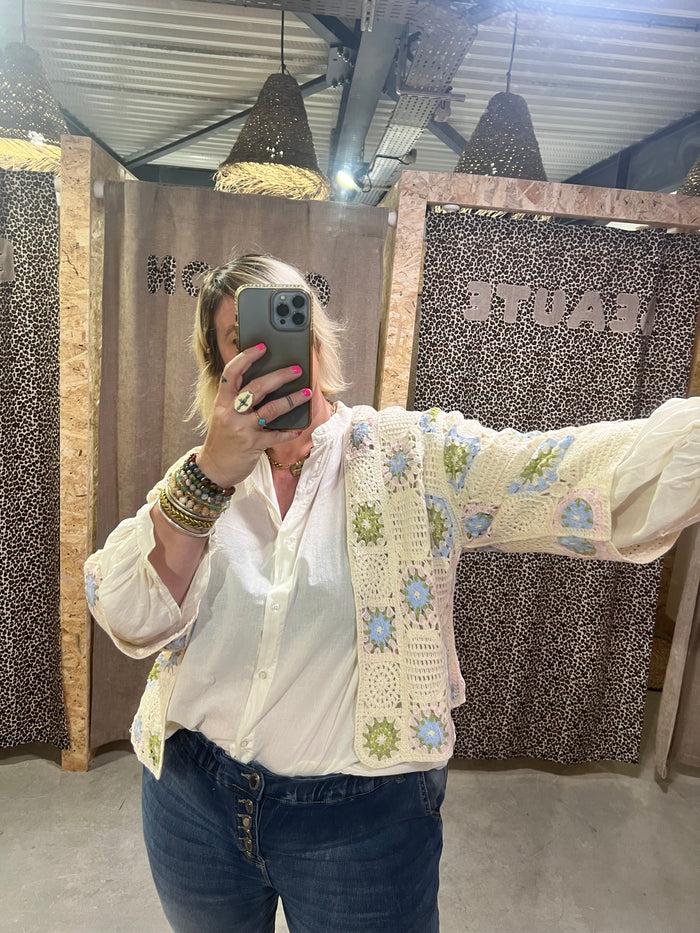 Les Bohémiennes Gilet Crochet Manches Longues Bleu