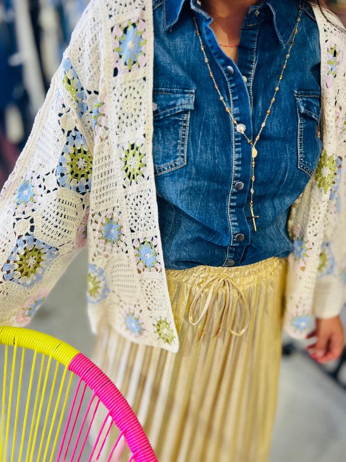 Les Bohémiennes Gilet Crochet Manches Longues Bleu