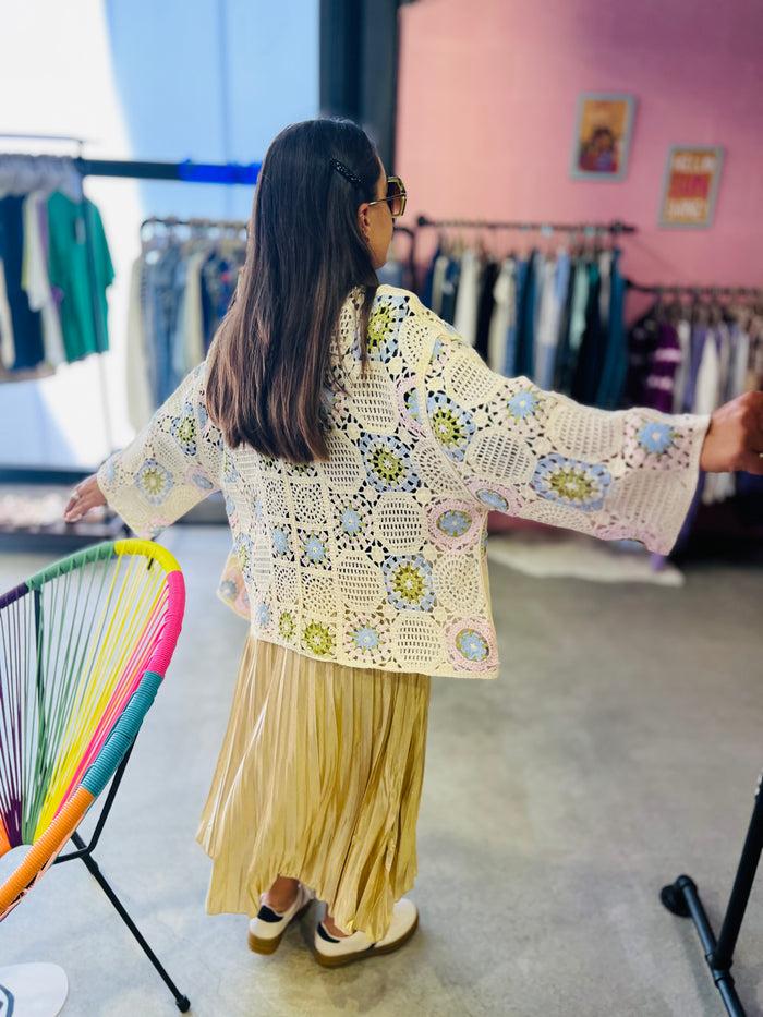 Les Bohémiennes Gilet Crochet Manches Longues Bleu