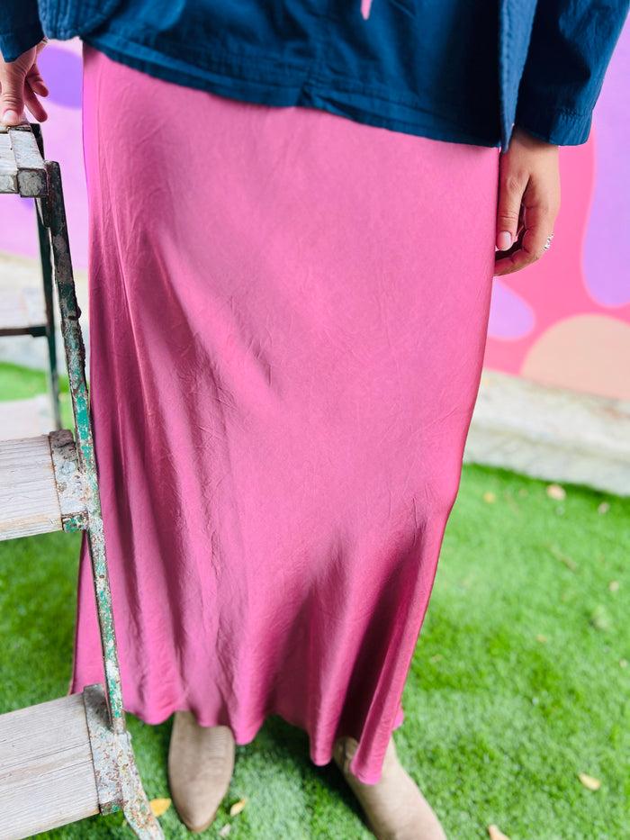 les bohémiennes Jupe droite satin Tilia Vieux rose