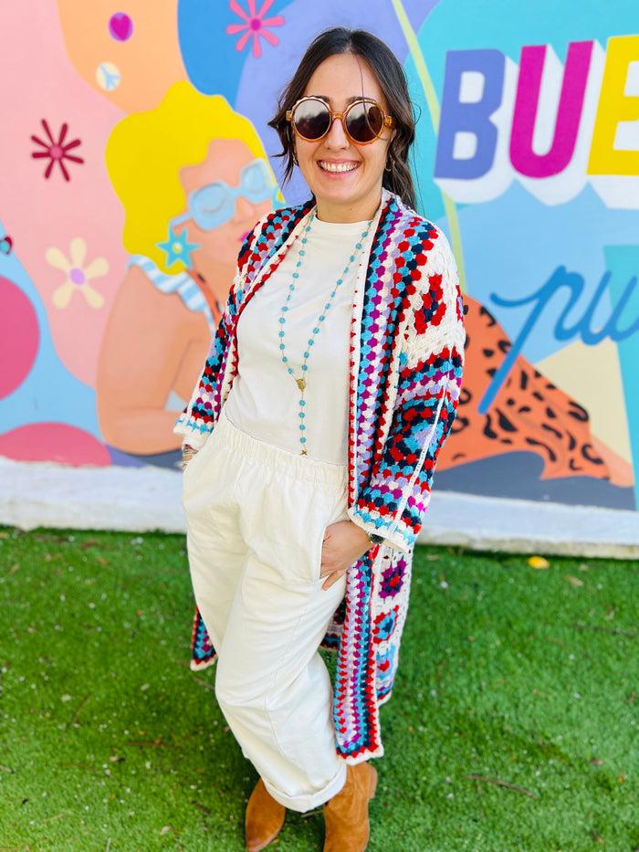 Les Bohémiennes Long Kimono Crochet Claudia Bleu