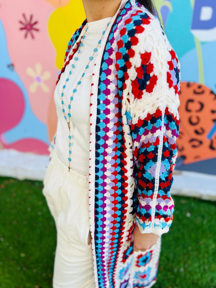 Les Bohémiennes Long Kimono Crochet Claudia Bleu