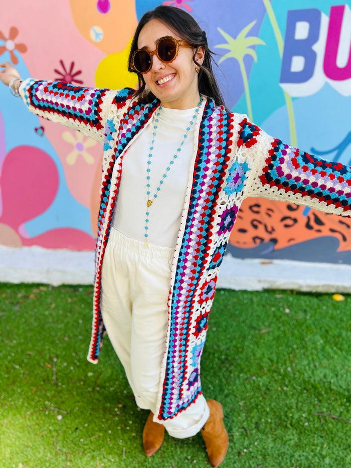Les Bohémiennes Long Kimono Crochet Claudia Bleu
