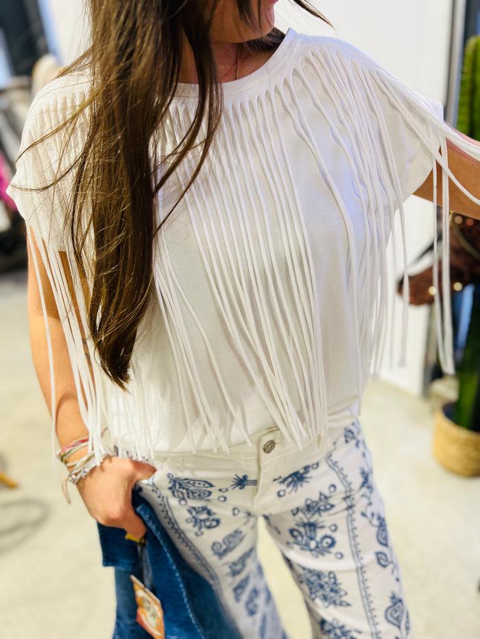 Les Bohémiennes Tee Shirt Fringe Blanc