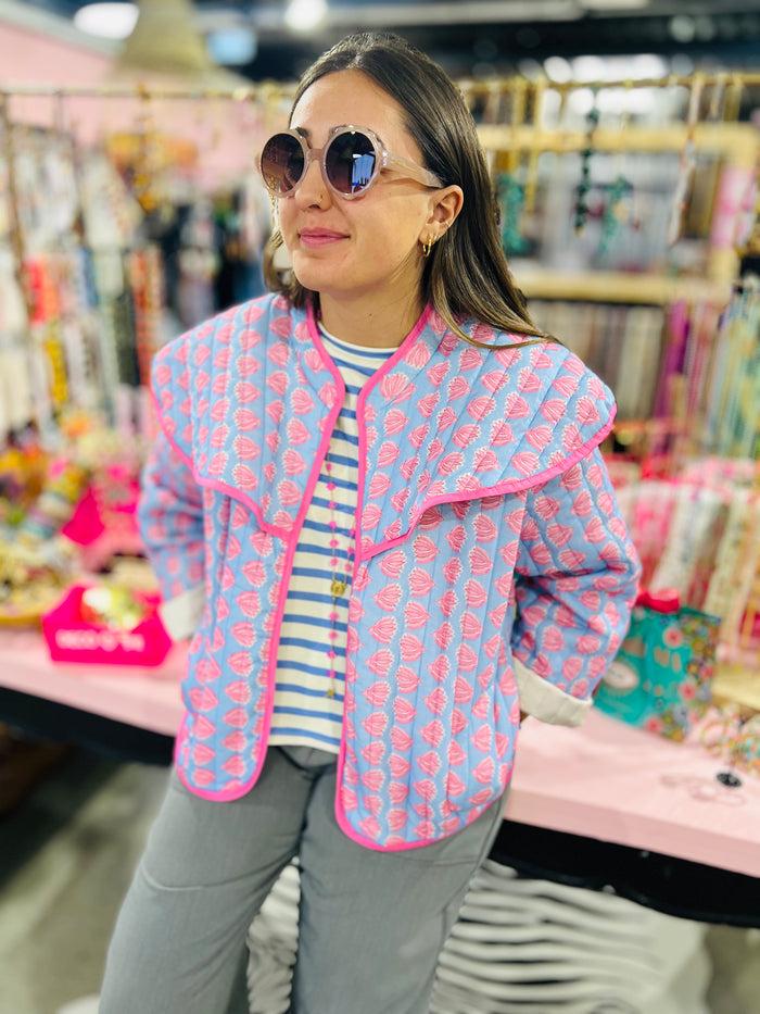 Les Bohémiennes Veste Sicilia Bleue Fleurs Roses