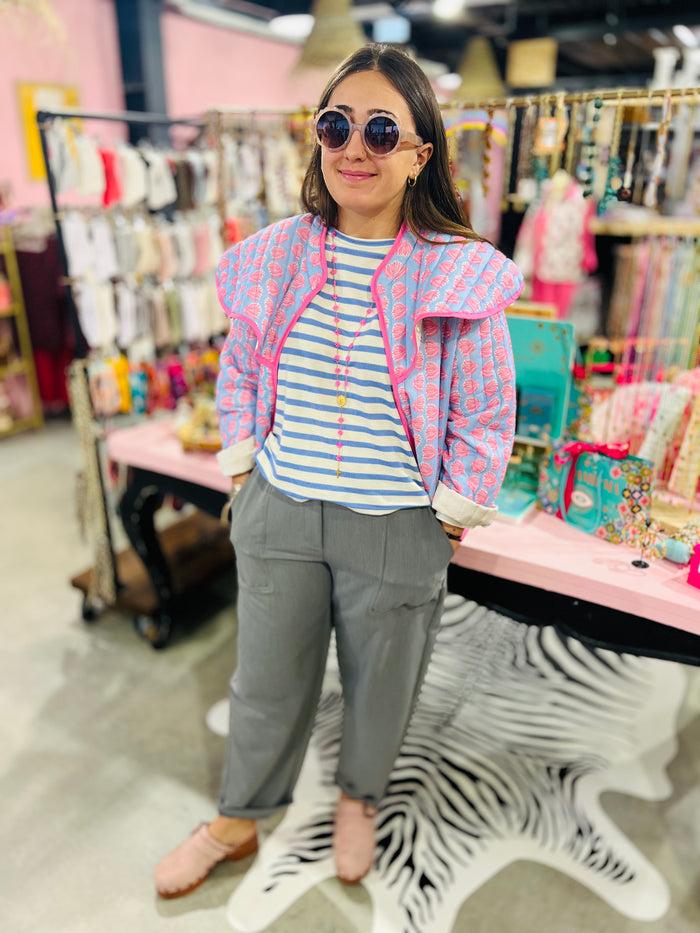 Les Bohémiennes Veste Sicilia Bleue Fleurs Roses