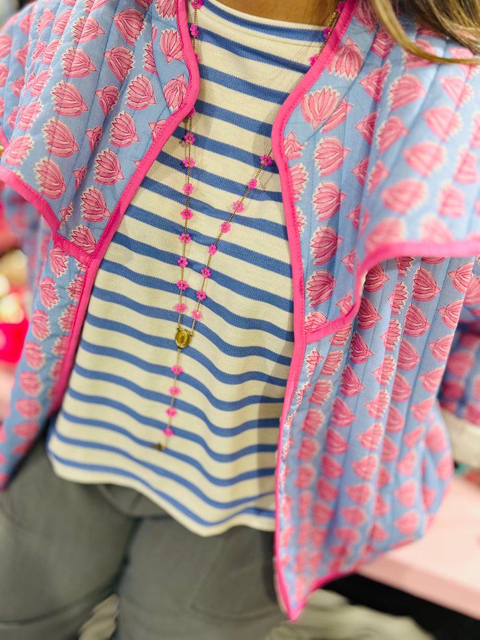 les bohémiennes Veste Sicilia Bleue fleurs roses