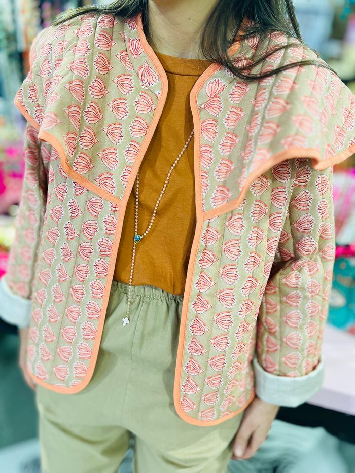 les bohémiennes Veste Sicilia Camel fleurs corail