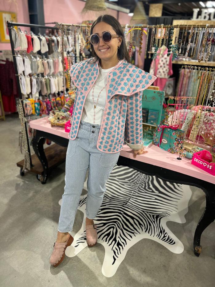 les bohémiennes Veste Sicilia Rose fleurs bleues