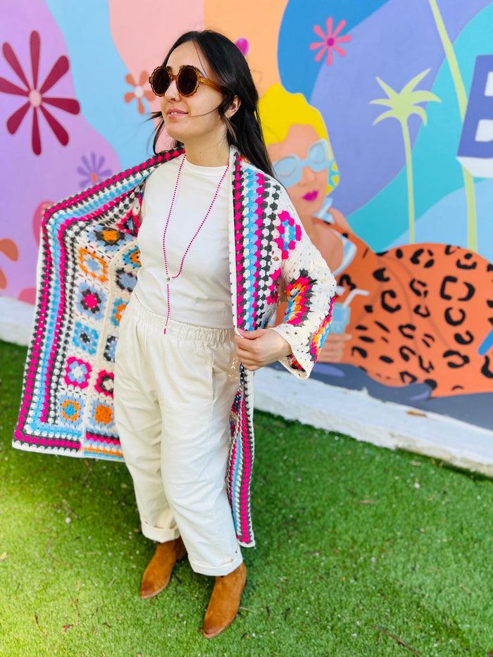 Les Bohémiennes Long Kimono Crochet Claudia Fuschia