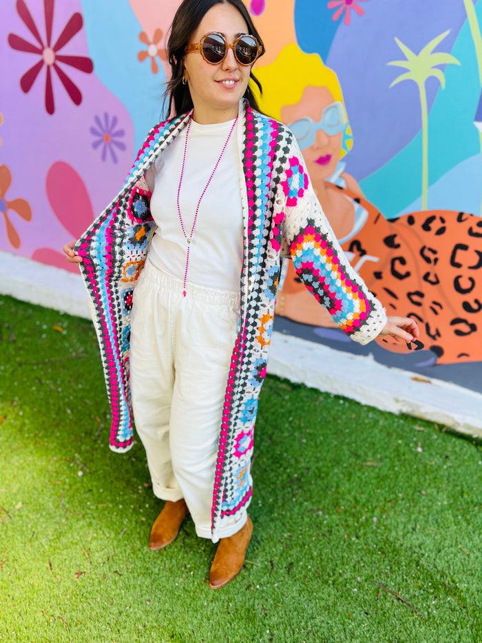 Les Bohémiennes Long Kimono Crochet Claudia Fuschia