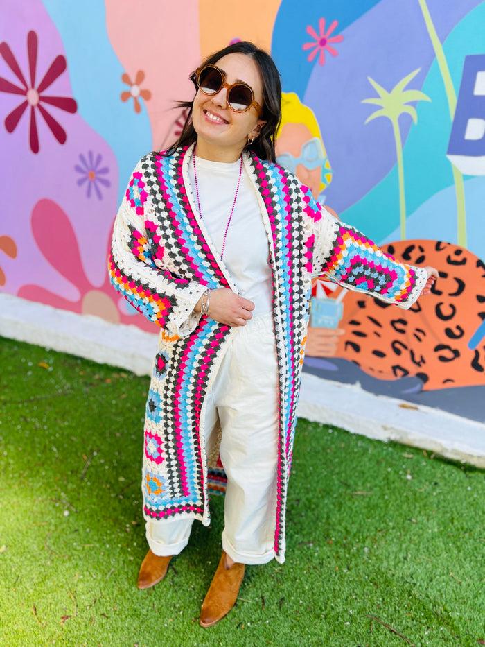 les bohémiennes Long kimono crochet Claudia Fuschia