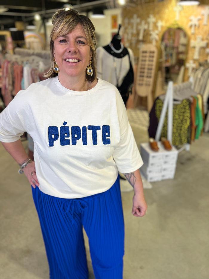 les bohémiennes Tee Shirt Brescia Pépite by Banditas Ecru broderie bleue