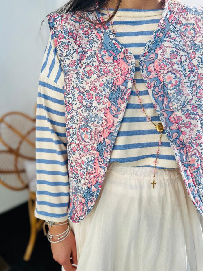 Les Bohémiennes Veste Matelassée Sans Manche New Delhi Bleu & Rose