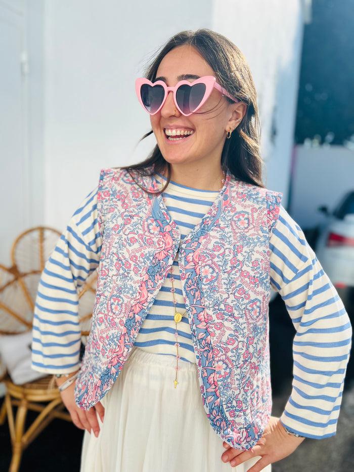 les bohémiennes Veste matelassée sans manche New Delhi Bleu & rose