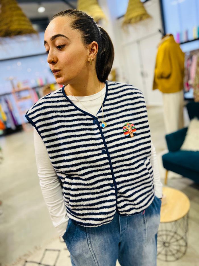 Les Bohémiennes Veste Sans Manche Americana Rayée Marine