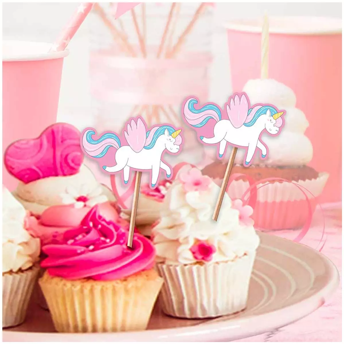 les trésors de lily 12 pics à gateau 'Licorne My Unicorn' rose multicolore 10 cm [Q7304]