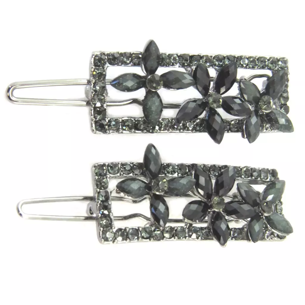 les trésors de lily 2 barrettes boules 'Sissi' gris argenté (fleurs) 45 mm 34x15 mm [P6279]