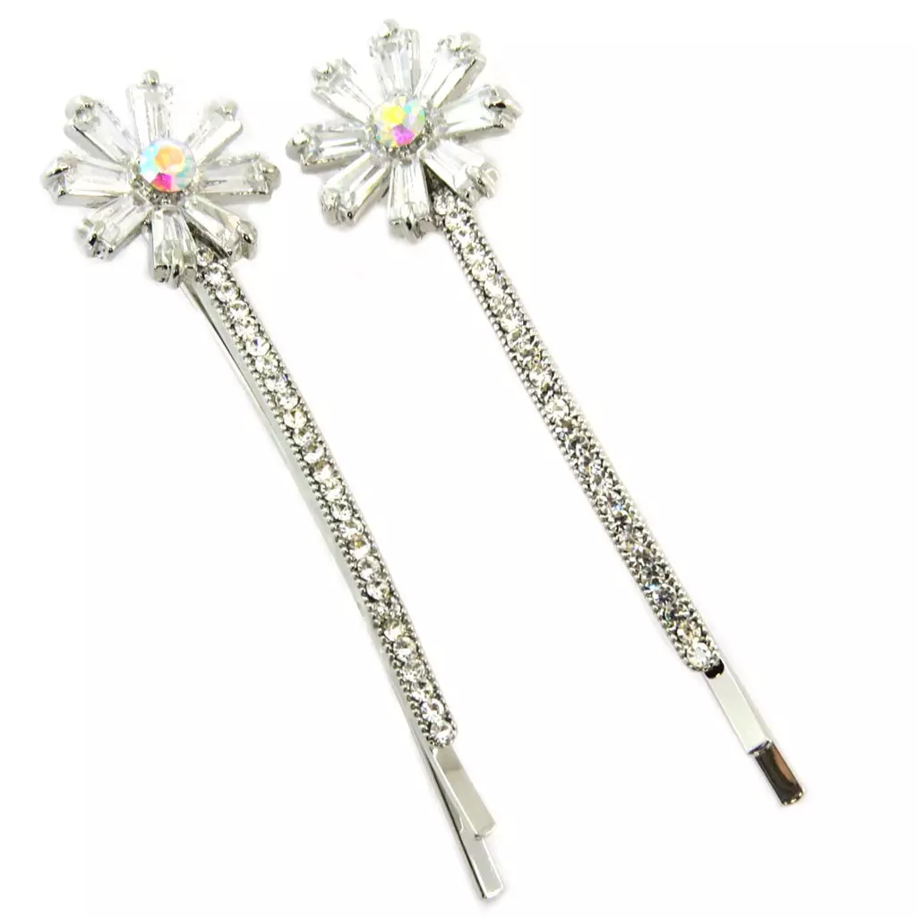 les trésors de lily 2 barrettes / épingles plates 'Sissi' blanc argenté (fleurs) 55x15 mm [P6289]
