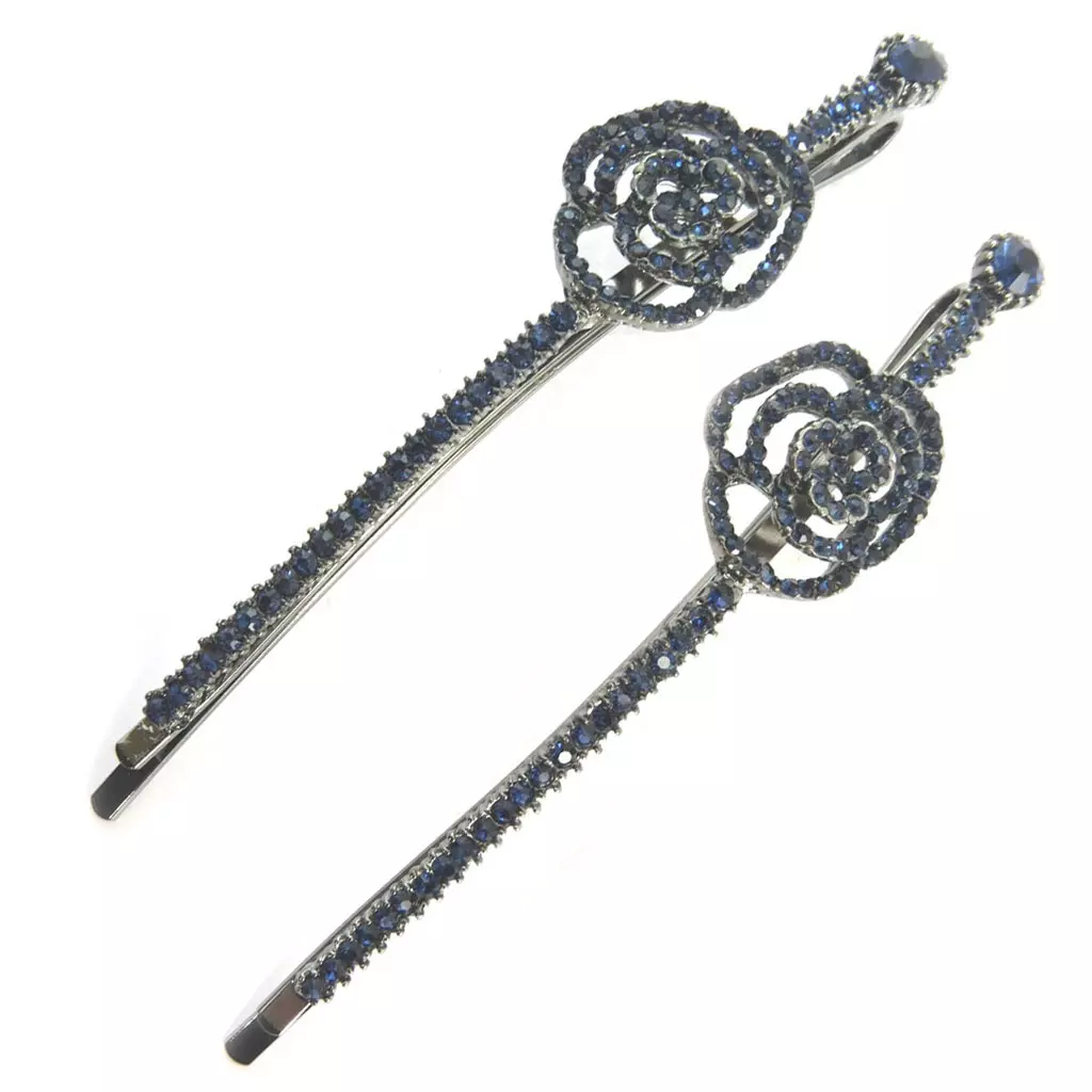 les trésors de lily 2 barrettes / épingles plates 'Sissi' bleu marine (rosa romantica) 90x18 mm [P6293]