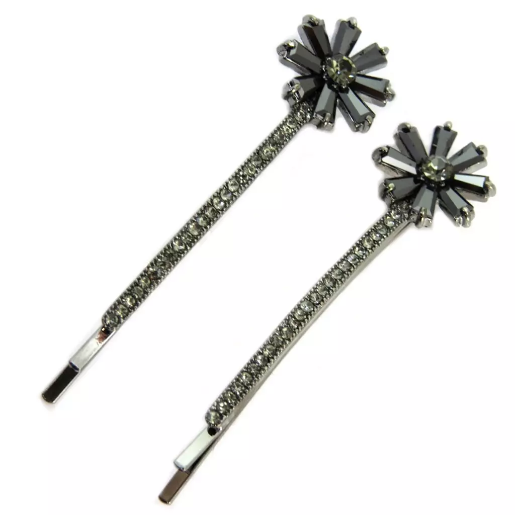 les trésors de lily 2 barrettes / épingles plates 'Sissi' gris (fleurs) 55x15 mm [P6288]
